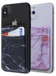 Two Stretch Card Sleeves Stick On Wallet For Cell Phone Card Holder Adhesive Sticker Id Credit Card Holder For Back Of Phone Marble Black+pink