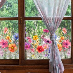 1PC Colorful Floral Bouquet Window Sticker Plastic Flower Garden Decal For Living Room Bedroom Home Wall Trim Decor 59.94X29.97 Cm Transparent Corner Line Design