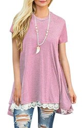 Women's Wekili Tops Short Sleeve Lace Scoop Neck A-line Tunic Blouse S-pink M us 8-10