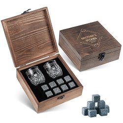 Whiskey Stones Gift Set - 8 Chilling Whisky Rocks - Scotch Glass Set Of 2 In Wooden Box - Bourbon Shot Glasses For Men