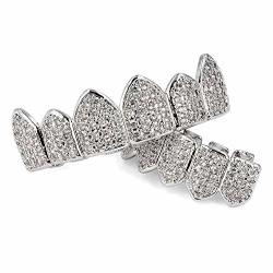 Hollywood Jewelry 18K White Gold Plated Macro Pave Cz Iced-out Grillz With Extra Molding Bars Included Top