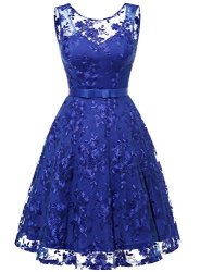 Muadress 6002 Short Lace Embroidery Homecoming Dress Sleeveless Party Dress Bowtie XS Royalblue
