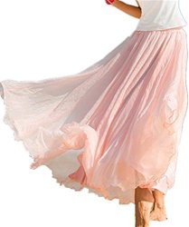 Mullsan Women Retro Vintage Double Layer Chiffon Pleat Maxi Long Skirt Dress A Pink
