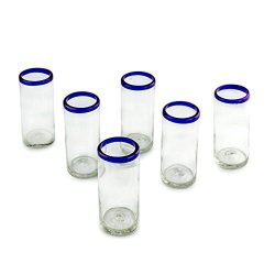 NOVICA Hand Blown Clear Blue Recycled Glass Tall Juice Glasses 11 Oz 'cobalt Classics' Set Of 6