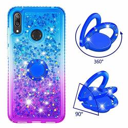 Abtory Case For Huawei Y7 2019 Protective Glitter Floating Liquid Quicksand With Kickstand Ring Holder Heavy Duty Cover Hard Shell Shockproof Case Cover For