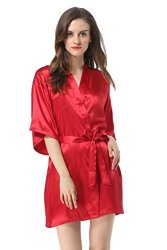 Vogue Forefront Women's Satin Plain Short Kimono Robe Bathrobe Xx-large Wine Red