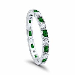 Blue Apple Co. 3MM Art Deco Full Eternity Wedding Band Baguette Simulated Emerald Round Cubic Zirconia 925 Sterling Silver SIZE-5