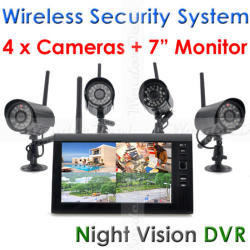 Wireless Security Dvr System 4x Indoor Wireless Cameras + 7 Inch Wireless Monitor With Built-in Dvr