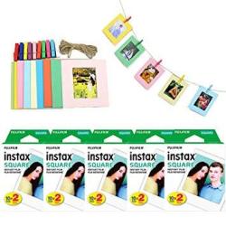 Fujifilm Instax Square Instant Film + Hanging Photo Frames For Square Film Assorted Colors Deluxe Accessory Bundle 100 Exposures