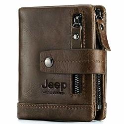 Jeep Kavis Bonwe Mens Wallet Genuine Leather Double Zipper Vintage Bifold Card Holder Purse Coffee