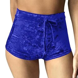 Aurorax Women Soft Stretchy Drawstring High Waist Velvet Club Shorts With Drawstring Workout Yoga Hot Shorts Blue S