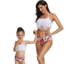 2 Piece Nylon Matching Bikini Swimwear Bathing Suits For Mom Or Daughter - White - Rose Print - Size XL