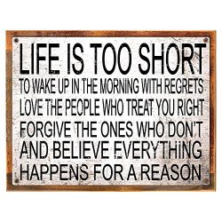 Omsc Wood-framed Life Is Too Short To Wakeup With Regrets Metal Sign Positive Thinking Slogan On Reclaimed Rustic Wood
