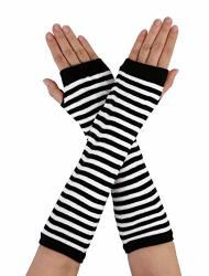 Allegra K White Black Stripe Print Stretchy Fingerless Arm Warmers Gloves Pair