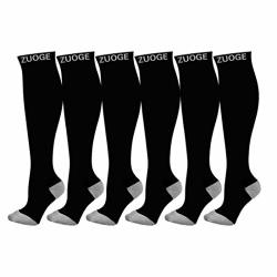Zuoge 6 Pairs Compression Socks Pack - Best Medical Nursing Travel & Flight Socks - Running & Fitness - 15-20MMHG