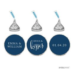 Andaz Press Personalized Wedding Chocolate Drop Label Stickers Hugs And Kisses Navy Blue 216-PACK For Engagement Bridal Shower Hershey's Kisses Party Favors