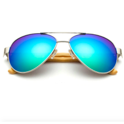 Blue Aviator Sunglasses With Bamboo Wood Arms