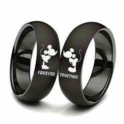 Qiaoying Couple Matching Set His And Hers Couple Titanium Steel Rings Black Mickey Mouse Kiss Forever Together Promise Wedding Band Forever 7