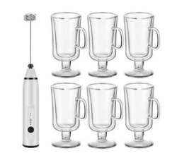 Glass Irish Coffee Mugs And Milk Frother - 6 Pack