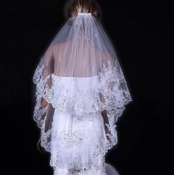 Luxurious And Gorgeous - White - 1 M 2 Tier Veil With Lace Edge - With Comb - Also In Ivory