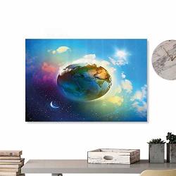 Wall Art Print Home Decor Apartment Decor Earth Outer Space Scene In Vibrant Color Enchanted Cosmos Atmosphere Image Blue Violet 48"X32" For Boys Room