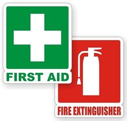 2-PCS Worthy Popular First Aid Fire Extinguisher Car Stickers Sign Boat Decals Windows Safety Size 4-3 4" X 4" Color White red And White green