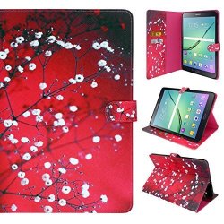 Tab S2 9.7 Case Customerfirst Stand Feature Wallet Flip Cover Protective Case For Samsung Tab S2 9.7 + Stylus + Emoji Keychain Blossom Red