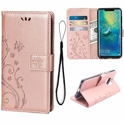 Wallet Case Huawei Mate 20 Pro 3 Card Holder Embossed Butterfly Flower Pu Leather Magnetic Flip Cover Huawei Mate 20 Pro Rose Gold