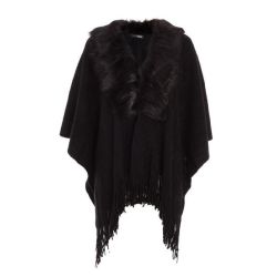 Quiz Ladies Black Faux Fur Trim Knit Cape - Black