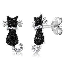 Adorable 0.54 Ctw 925 Sterling Silver Black Cat Cubic Zirconia Stud Earrings