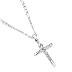 Men's Sterling Silver Crucifix Pendant Figaro Chain Necklace Italian Made - 080 - 3MM - 20