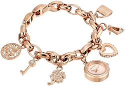 Anne Klein Women's Swarovski Crystal Accented Rose Gold-tone Charm Bracelet Watch