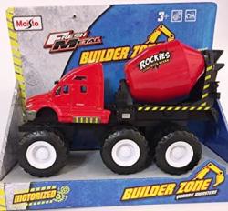 USA Maisto Fresh Metal Builder Zone Quarry Monster Red Concrete Mixer Truck - Motorized 6-WHEELER
