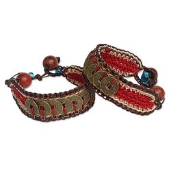 NOVICA Woven Wristband Bracelets With Coins And Wooden Beads 6" 'coins Of Passion' Pair