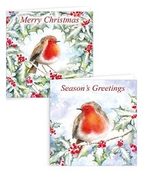 Pack Of 10 Square Christmas Cards - Traditional Robin Red Text & Holly Sprigs