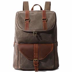 Canvas Leather Backpack Vintage Backpack Rucksack Casual Outdoor Travel Daypack Satchel School Laptop Campus Bag Army Green