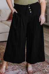 Black Buttoned Lace-up Waist Wide Leg Plus Size Pants - 3XL SA44-46 UK20-22