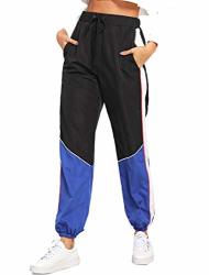 Romwe Women's Elastic Waist Drawstring Color Block Sporty Running Windbreaker Pants With Pockets Multicolor L