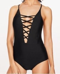 Criss Cross Plunge Neckline Swimsuit - Black