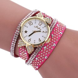 Sandistore Fashion Leisure Womens Quartz Watch Crystal Diamond Wrist Watch Hot Pink