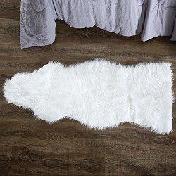Ojia Deluxe Soft Faux Sheepskin Chair Cover Seat Pad Plain Shaggy Area Rugs For Bedroom Sofa Floor 2FT X 6FT Ivory White