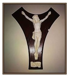 45CM Modern Tau Crucifix On Rustic Oak