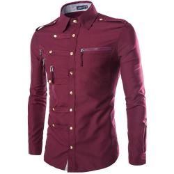 Men's Slim Multi Zipper Shirt - Wine Red Asian Size :m L XL XXL
