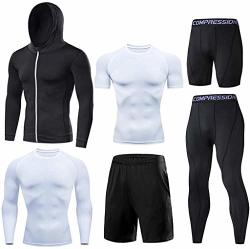 LKFIT-01 Men's Compression Sportswear 6 Pcs Fitness Running Workout Suits XL Black white
