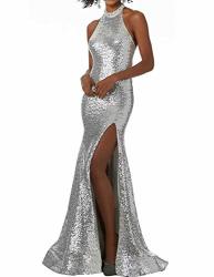 Women's Halter Sequin Prom Dress Floor Length With High Split Open Back Evening Party Gown Silver Size 12