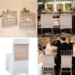 Wedding Day Decor "mr Right" & "mrs Always Right" Set Of Burlap & Lace Signs For Chairs Decor
