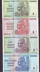 Zimbabwe Set 10 20 50 100 Trillion Dollars - Unc - Za Prefix - Rare - Hyperinflation Banknotes Money
