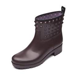 Dksuko Women's Rain Boots With Fashion Rivet Short Ankle Waterproof Rubber Boots 3 Colors 6.5 B M Us Brown