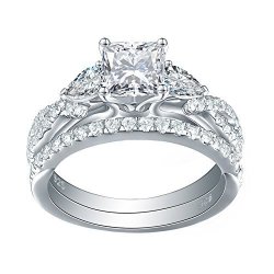 Newshe 1.7CT Princess Pear White Aaa Cz 925 Sterling Silver Engagement Wedding Ring Set Size 5