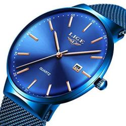 Mens Watches Lige Watches For Men Fashion Sports Waterproof Stainless Steel Mesh Wristwatch Men Bussiness Dress With Date Full Blue Analog Quartz Watch Man